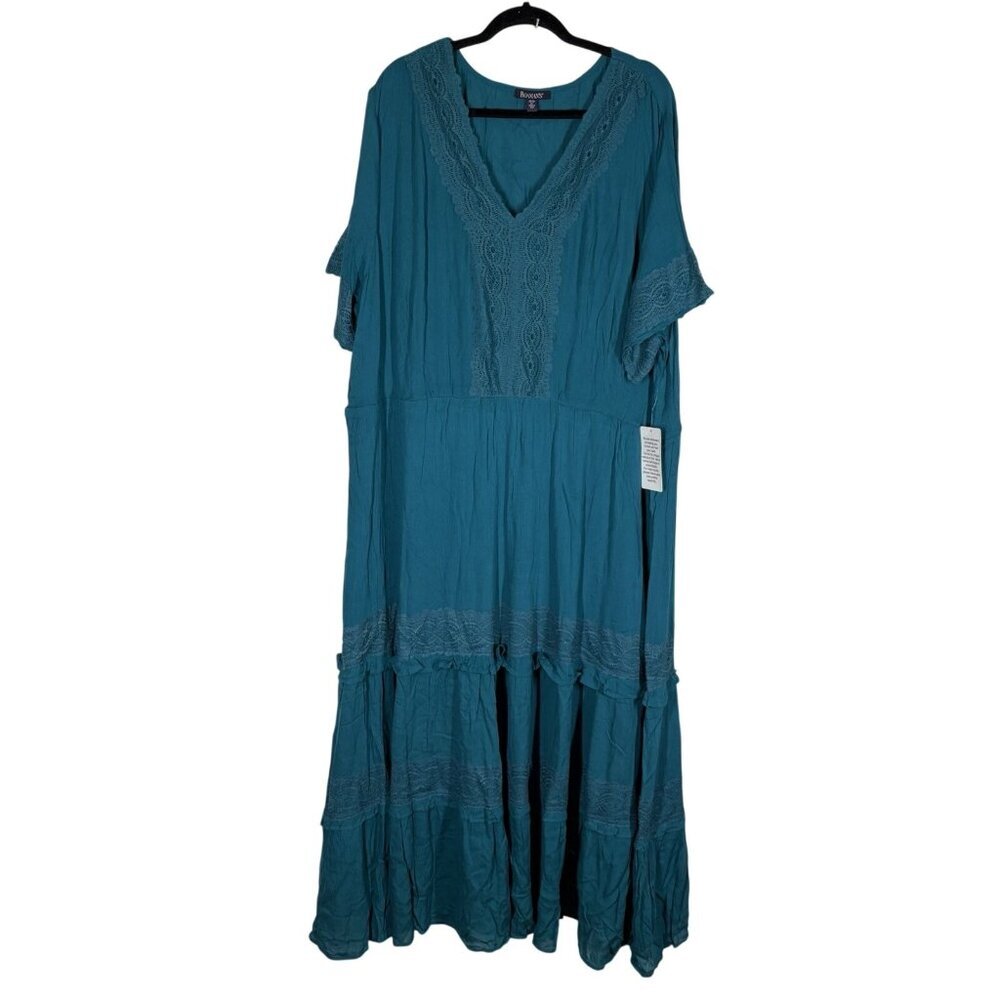 Roaman’s Women 3X 30/32 Teal Boho Ruffle Tiered Lace Crinkle Maxi Dress NWT - Picture 3 of 12